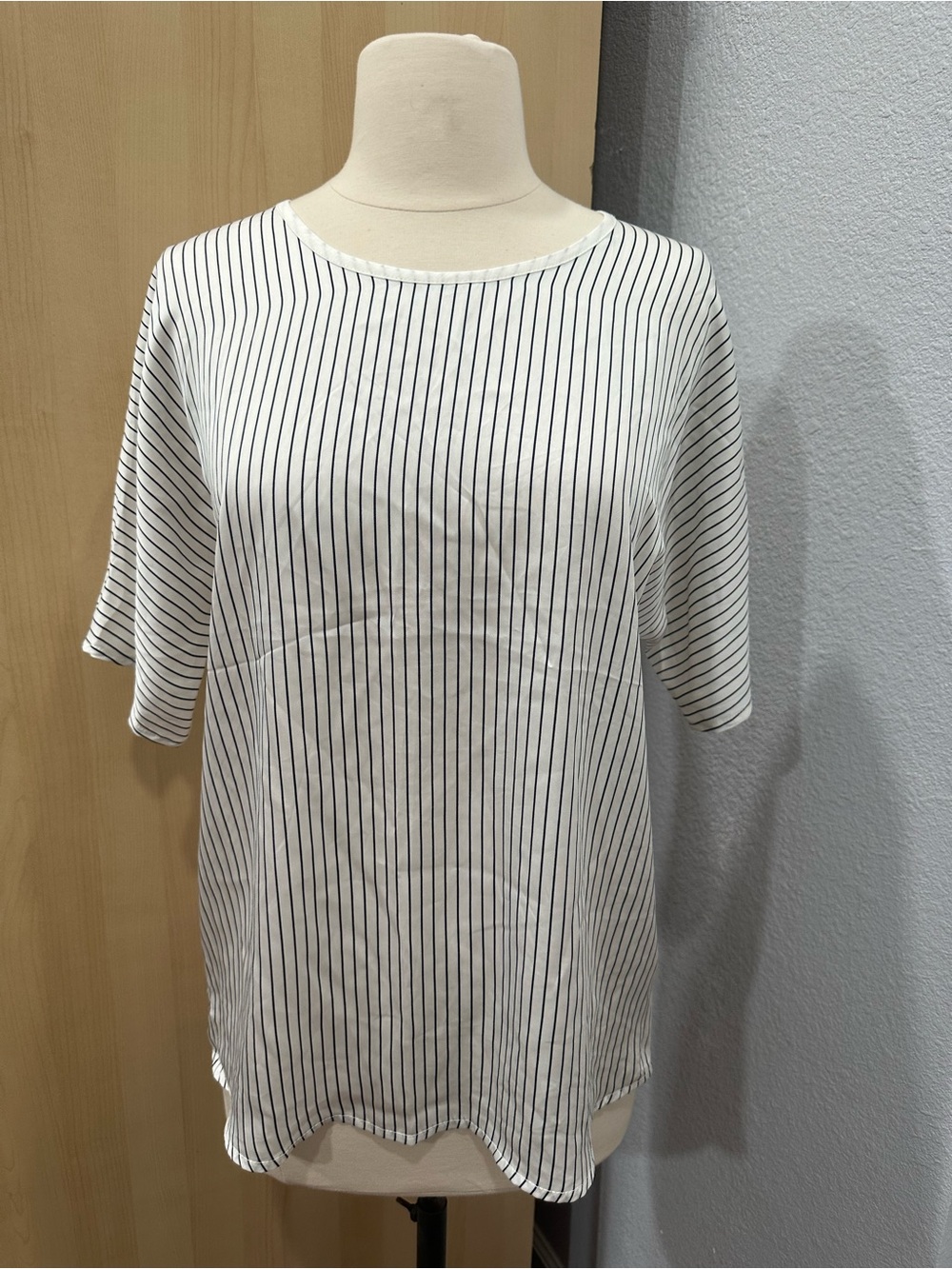 J. Crew White Short Sleeve Top with Black Pinstripes